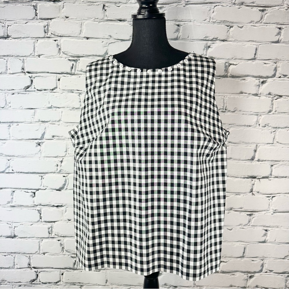 *SOLD* Talbots Women’s Gingham Plaid Top 18WP Petite Beaded Cotton Black White - Picture 2 of 8
